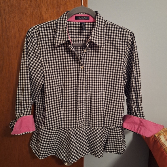 Lauren Ralph Lauren Tops - Lauren Ralph Lauren Women's Blk/Wht Peplum Pleated Shirt with Pink Trim Size 10